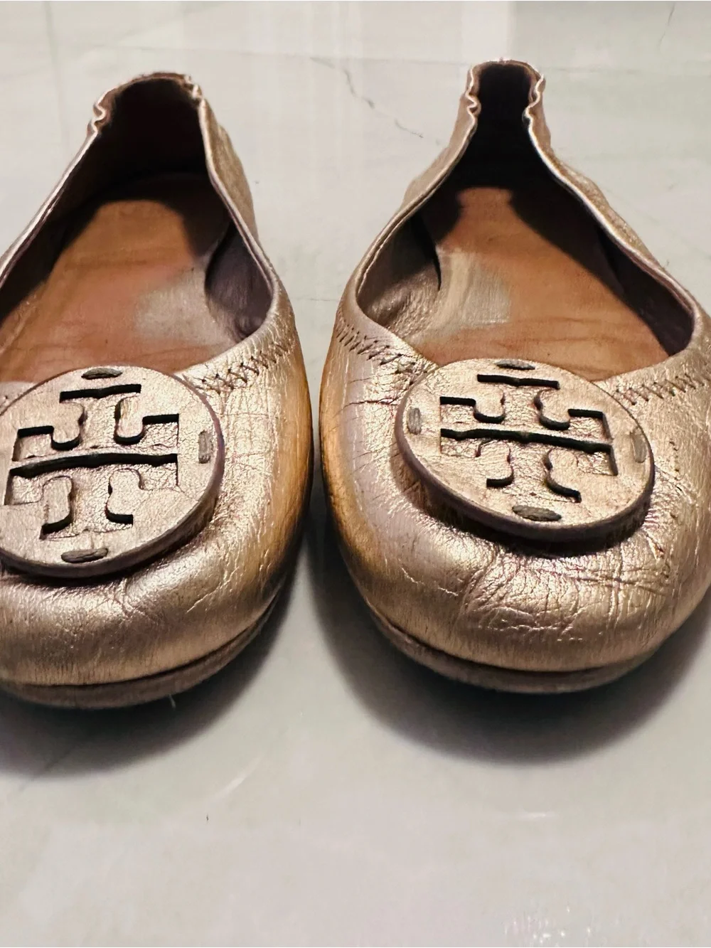 Tory Burch Rose Gold Logo Leather Ballet Flats